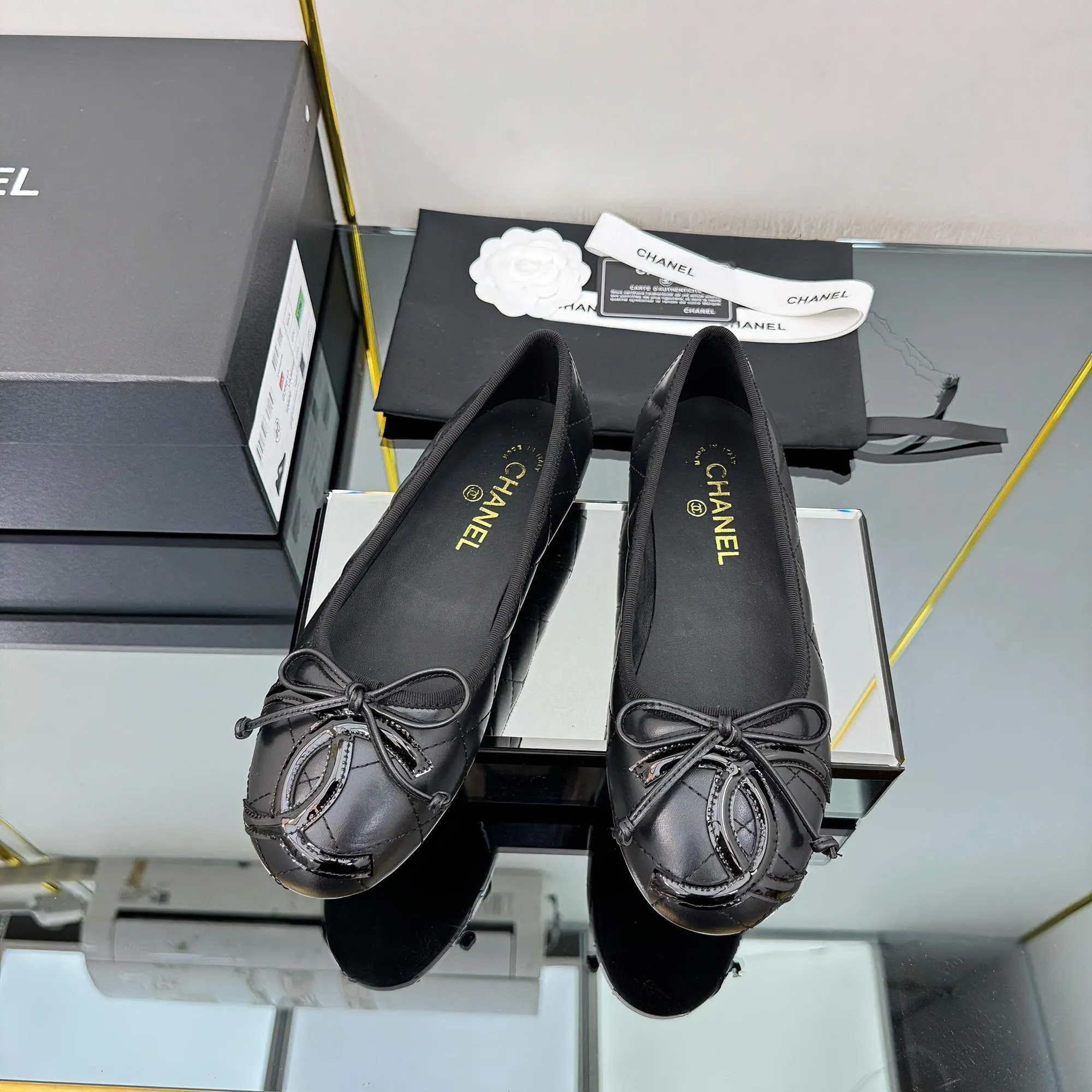 CC Loafers Black Sheepskin Mix Bow 297795
