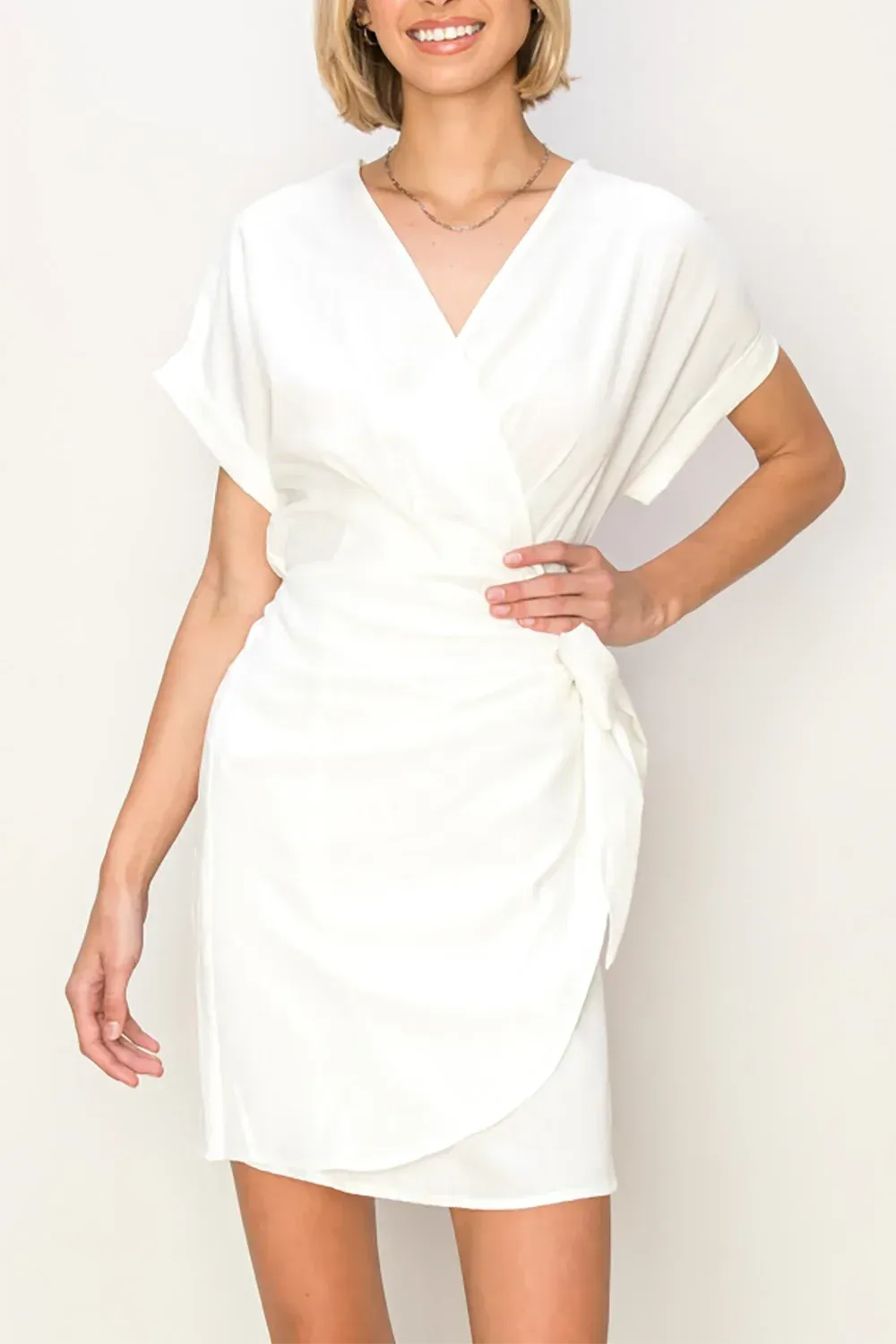 Chic Short Sleeve Side Tie Detail Surplice Wrap Mini Dress