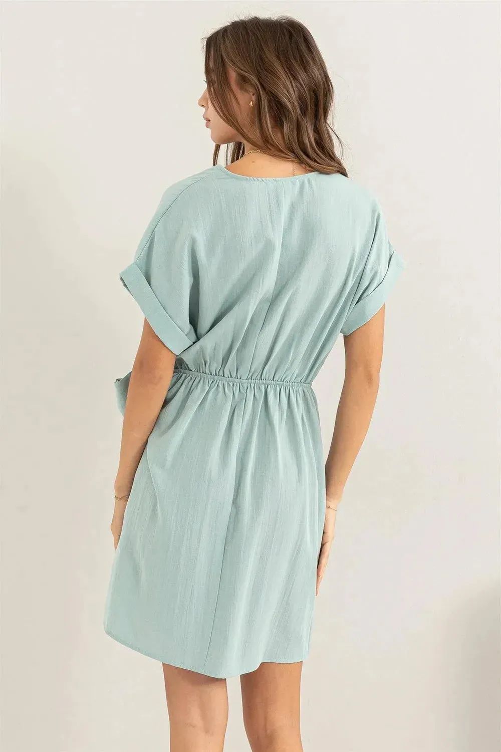 Chic Short Sleeve Side Tie Detail Surplice Wrap Mini Dress