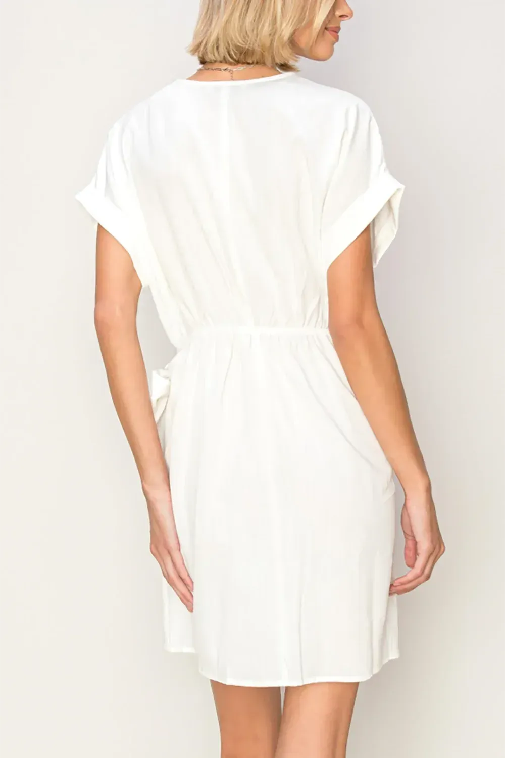 Chic Short Sleeve Side Tie Detail Surplice Wrap Mini Dress