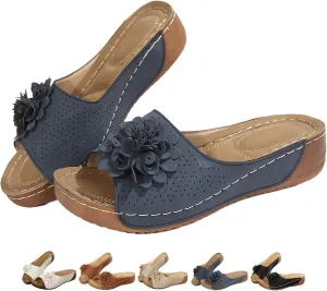 Comfortable Non-slip Solid Color Open-Toe Wedge Sandals for Women Dress Orthopedic Summer Ladies Platform Leather Wedge Arch Support Slip on Shoes Dressy Casual Comfy Slides Flat Beach Sandals