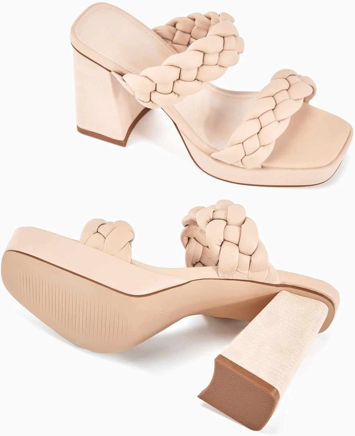 Coutgo Womens Platform Heels Chunky Heel Braided Heeled Sandals Slip on High Mules Party Summer Dress Shoes