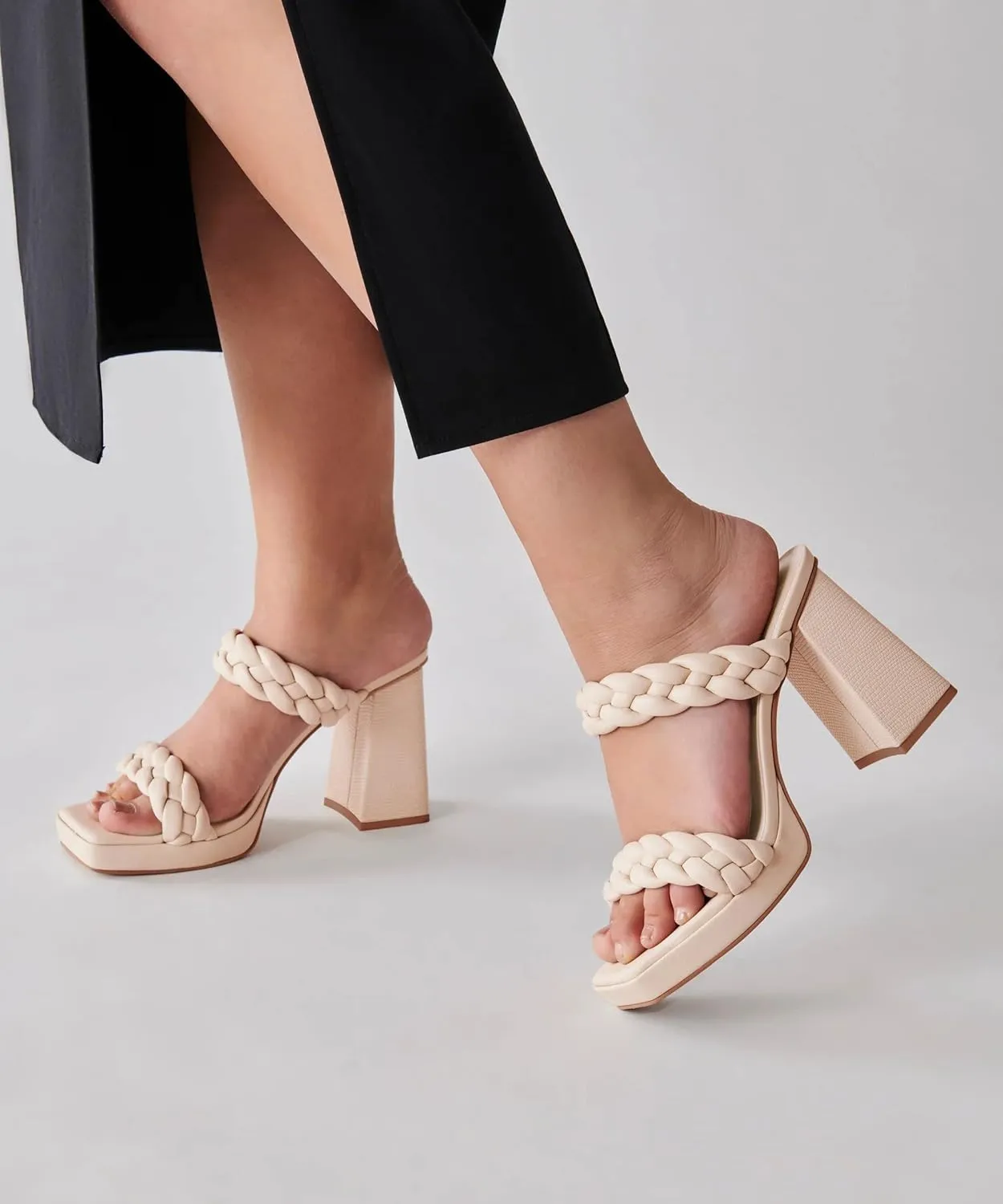 Coutgo Womens Platform Heels Chunky Heel Braided Heeled Sandals Slip on High Mules Party Summer Dress Shoes