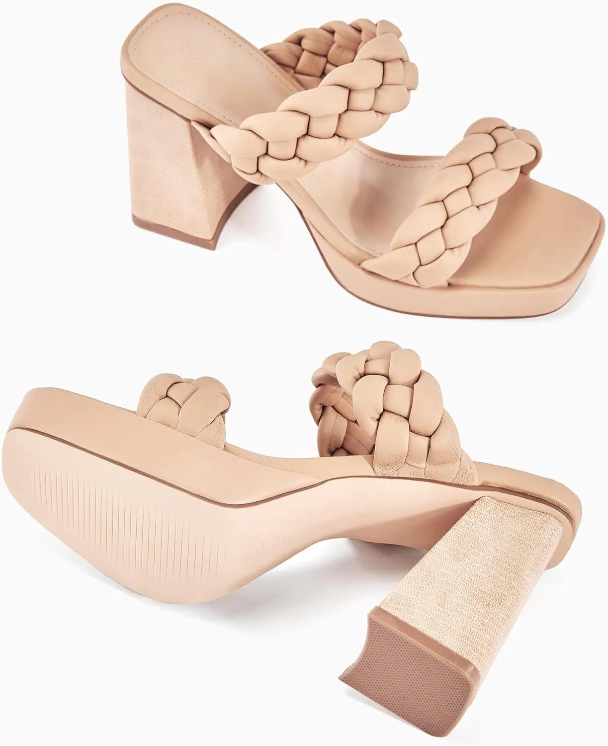 Coutgo Womens Platform Heels Chunky Heel Braided Heeled Sandals Slip on High Mules Party Summer Dress Shoes