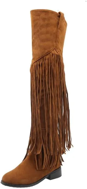 CROSSBABY Women's Fashion Dress Fringe Moccasin Boots,Tassel Fringe Hidden Wedge Heel Cowboy Over The Knee Boots