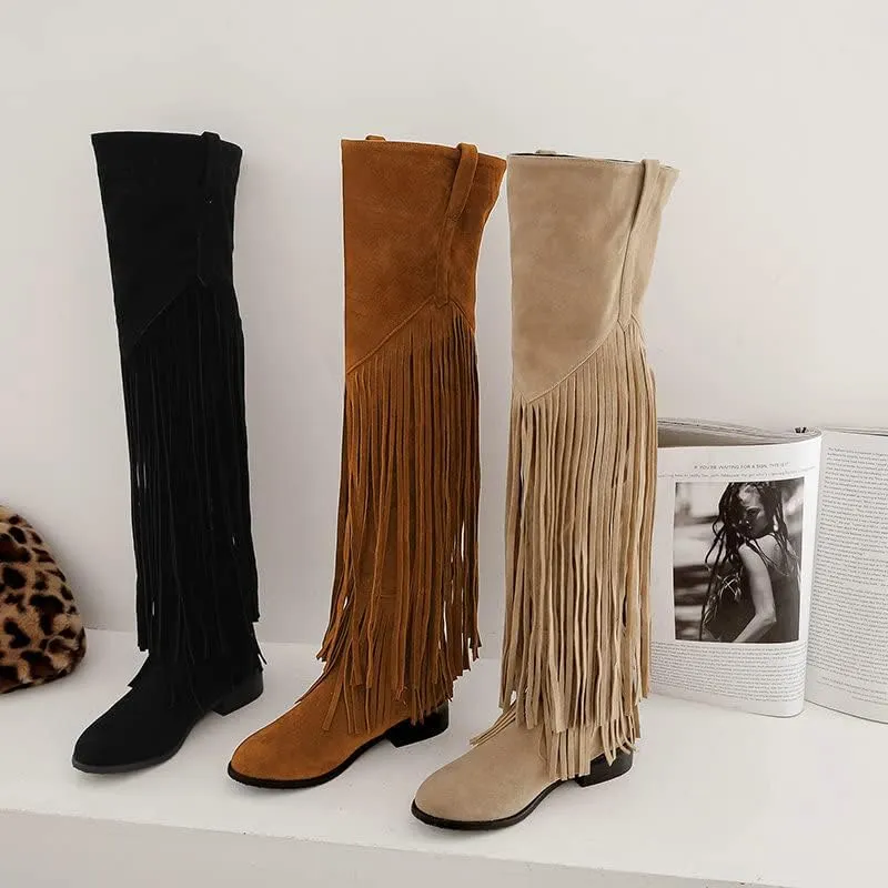 CROSSBABY Women's Fashion Dress Fringe Moccasin Boots,Tassel Fringe Hidden Wedge Heel Cowboy Over The Knee Boots