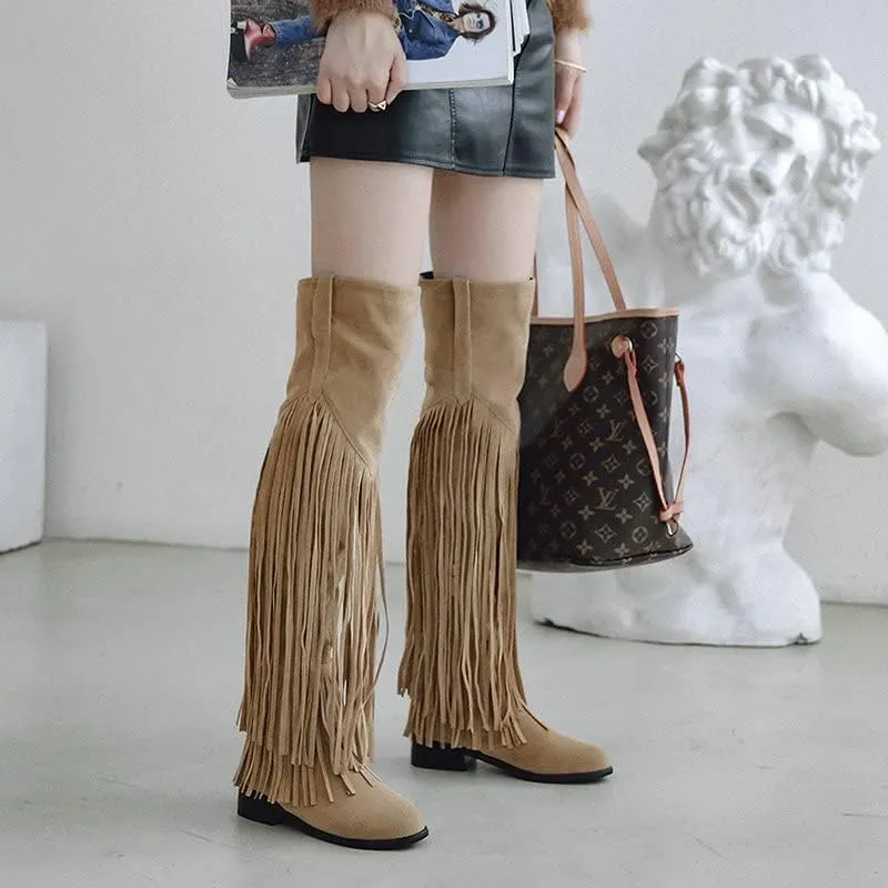 CROSSBABY Women's Fashion Dress Fringe Moccasin Boots,Tassel Fringe Hidden Wedge Heel Cowboy Over The Knee Boots