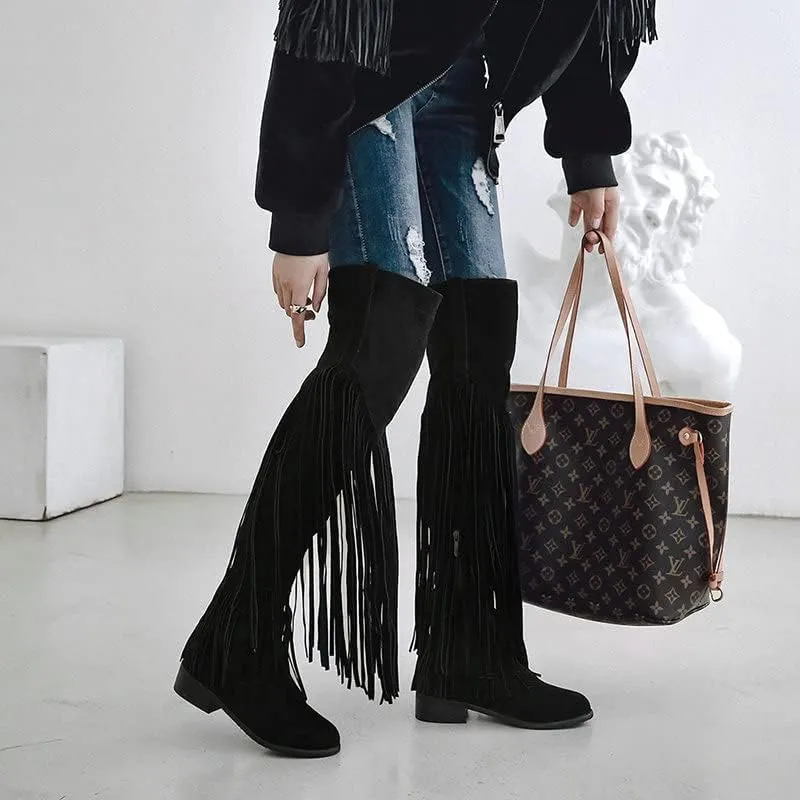CROSSBABY Women's Fashion Dress Fringe Moccasin Boots,Tassel Fringe Hidden Wedge Heel Cowboy Over The Knee Boots