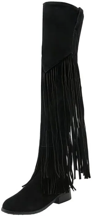CROSSBABY Women's Fashion Dress Fringe Moccasin Boots,Tassel Fringe Hidden Wedge Heel Cowboy Over The Knee Boots