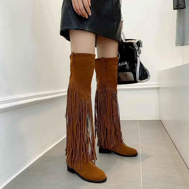 CROSSBABY Women's Fashion Dress Fringe Moccasin Boots,Tassel Fringe Hidden Wedge Heel Cowboy Over The Knee Boots