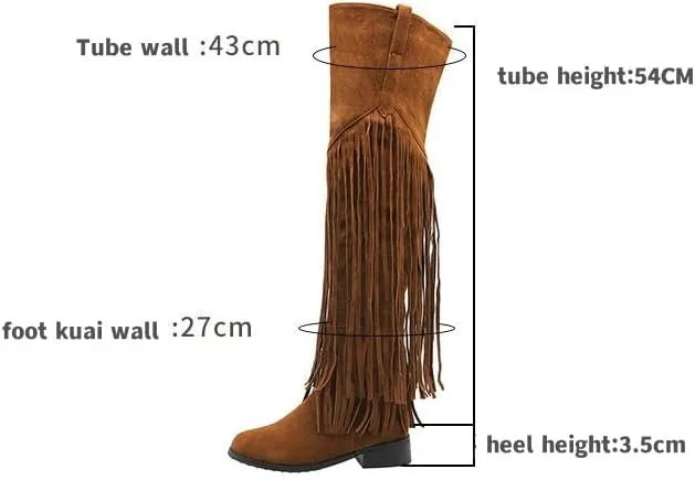 CROSSBABY Women's Fashion Dress Fringe Moccasin Boots,Tassel Fringe Hidden Wedge Heel Cowboy Over The Knee Boots