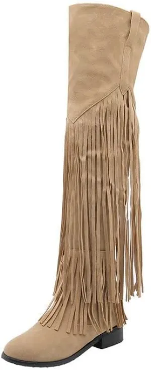 CROSSBABY Women's Fashion Dress Fringe Moccasin Boots,Tassel Fringe Hidden Wedge Heel Cowboy Over The Knee Boots