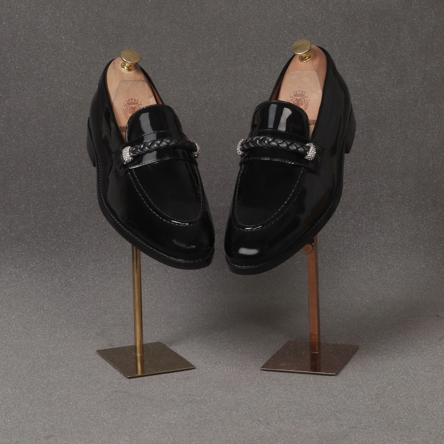Crystal Beads Embellishments Loafers in Black Patent Leather