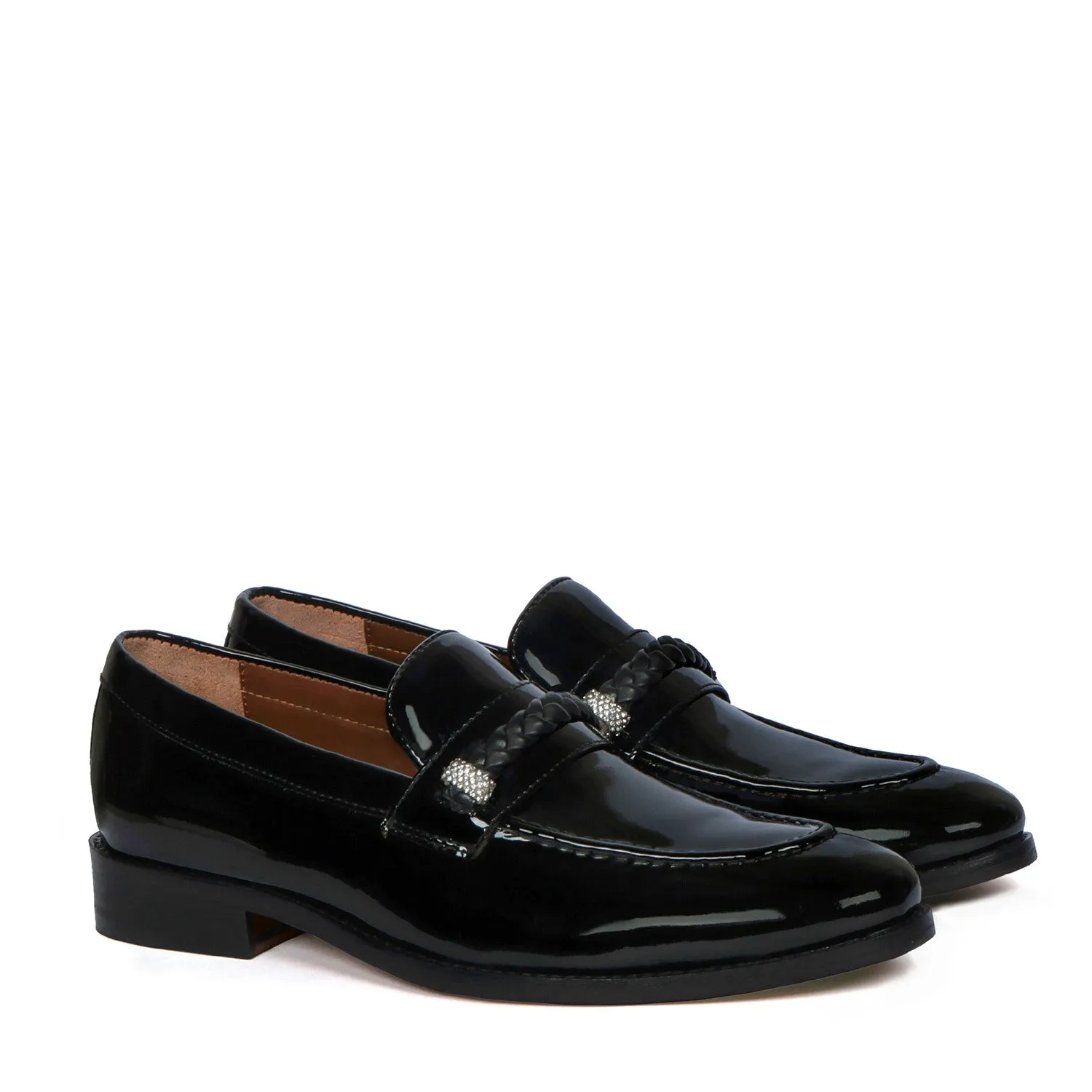 Crystal Beads Embellishments Loafers in Black Patent Leather