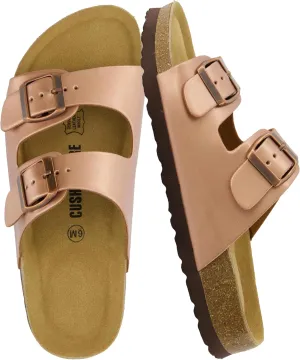 CUSHIONAIRE Lane Cork Footbed Sandals for Women – Comfortable Double Buckle Slip-On with Genuine Suede Footbed & Arch Support Slides for Women Footwear