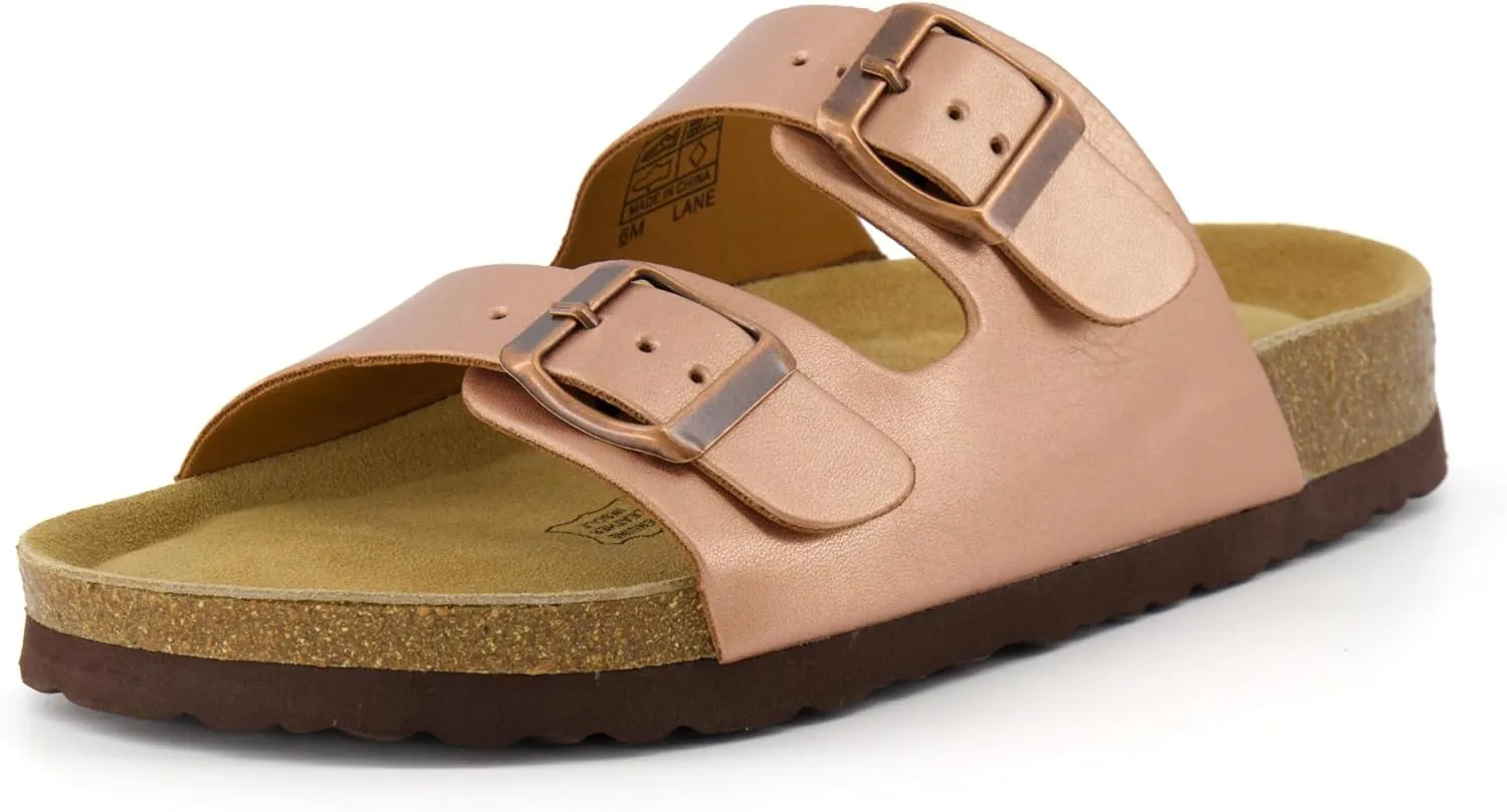 CUSHIONAIRE Lane Cork Footbed Sandals for Women – Comfortable Double Buckle Slip-On with Genuine Suede Footbed & Arch Support Slides for Women Footwear