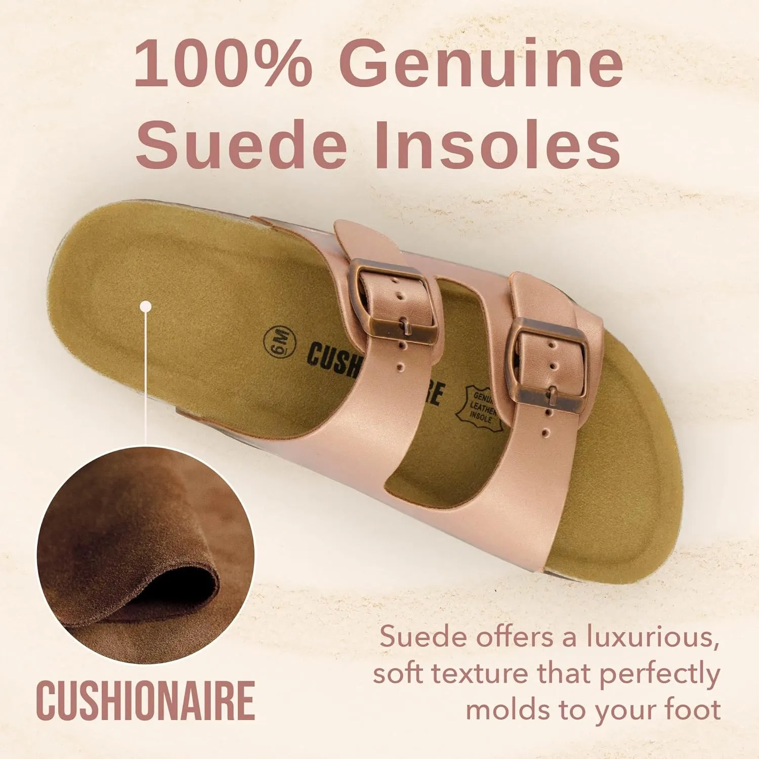 CUSHIONAIRE Lane Cork Footbed Sandals for Women – Comfortable Double Buckle Slip-On with Genuine Suede Footbed & Arch Support Slides for Women Footwear