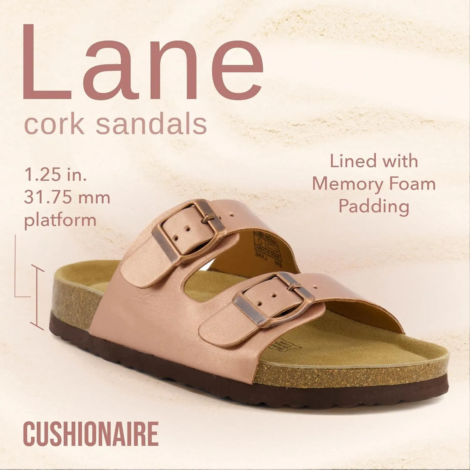 CUSHIONAIRE Lane Cork Footbed Sandals for Women – Comfortable Double Buckle Slip-On with Genuine Suede Footbed & Arch Support Slides for Women Footwear