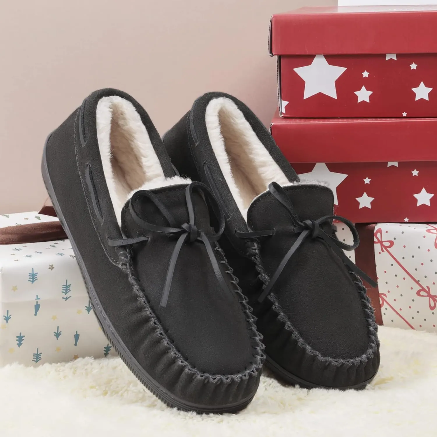 DREAM PAIRS Men's Moccasin Slippers Fuzzy Plush House Shoes Indoor Outdoor Fleece Lining Loafers