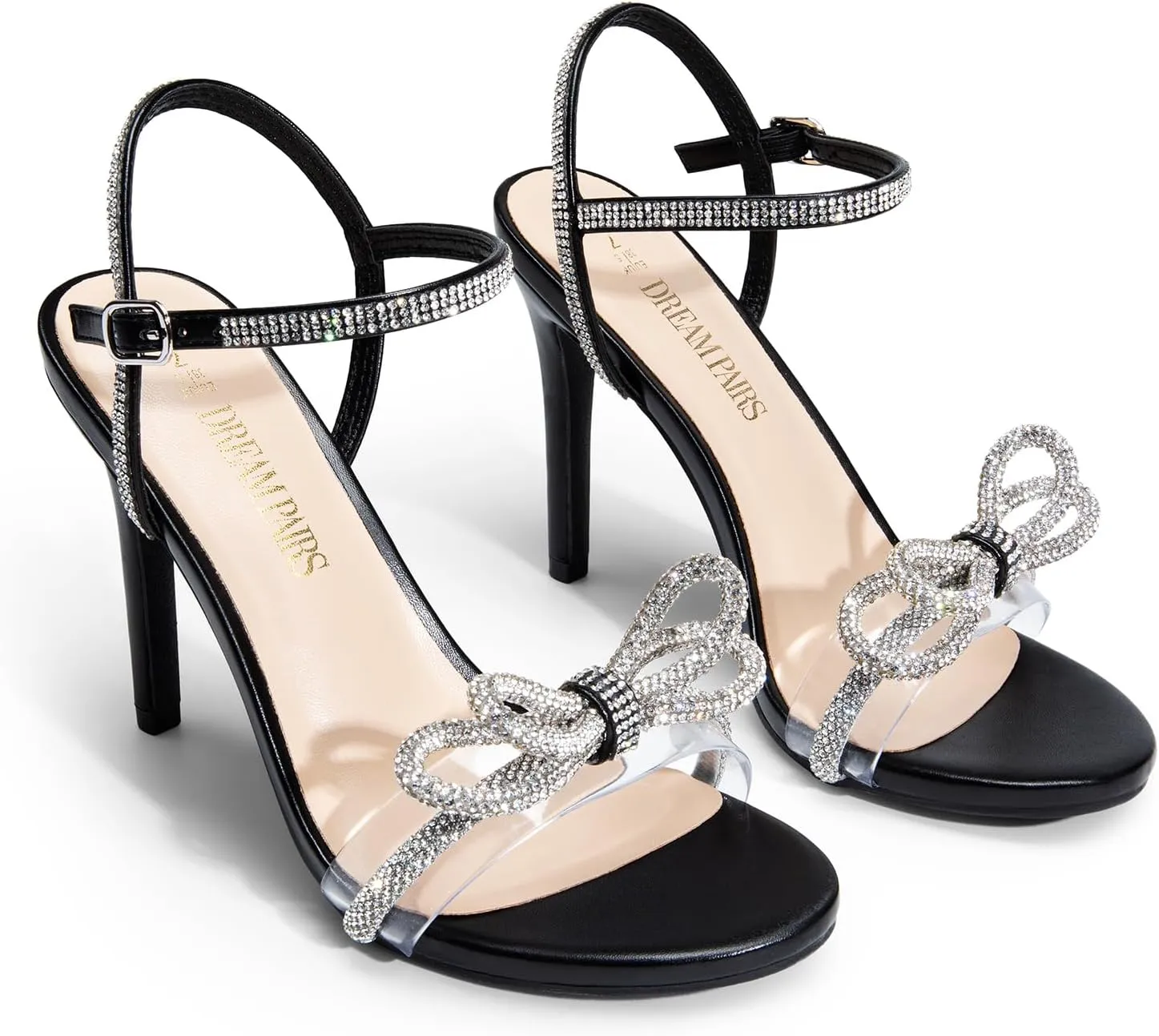 DREAM PAIRS Women's Heels Round Toe Rhinestone Double Bowknots Sparkly Stilettos Heeled Sandals Shoes for Party Evening
