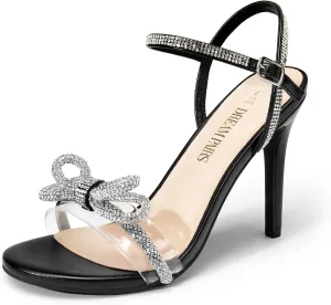 DREAM PAIRS Women's Heels Round Toe Rhinestone Double Bowknots Sparkly Stilettos Heeled Sandals Shoes for Party Evening
