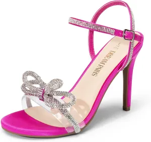 DREAM PAIRS Women's Heels Round Toe Rhinestone Double Bowknots Sparkly Stilettos Heeled Sandals Shoes for Party Evening