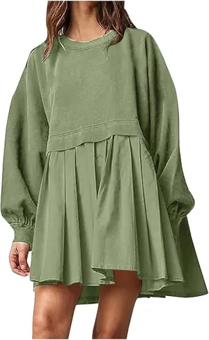 Dresses for Women 2024 Casual Fall Long Sleeve Patchwork Sweatshirt Dress Loose Flowy Swing Mini Dress Preppy Clothes