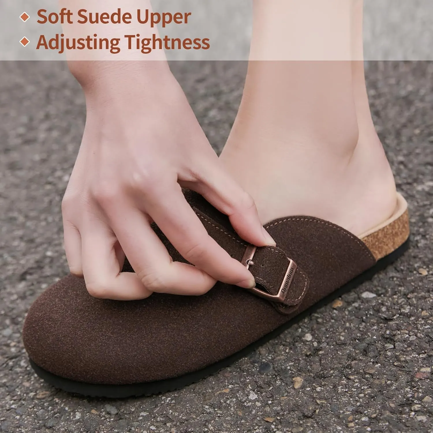 Dumalum Suede Clogs for Women & Men - Comfort Cork Footbed with Arch Support - Adjustable Buckle Mules Slip-On Sandals Unisex Potato Shoes Home Slippers