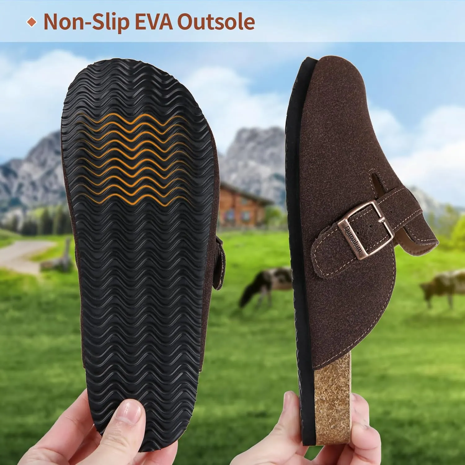 Dumalum Suede Clogs for Women & Men - Comfort Cork Footbed with Arch Support - Adjustable Buckle Mules Slip-On Sandals Unisex Potato Shoes Home Slippers