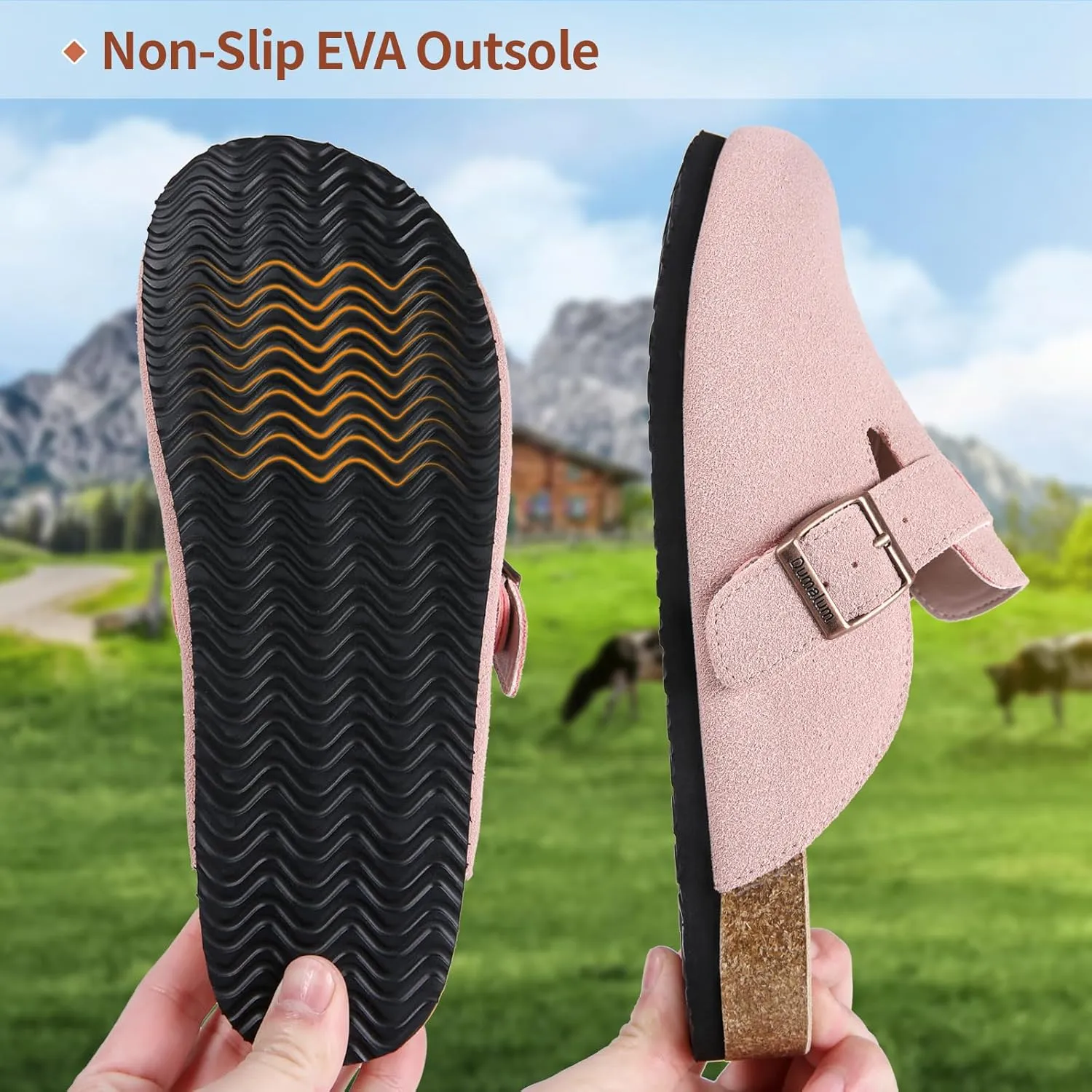 Dumalum Suede Clogs for Women & Men - Comfort Cork Footbed with Arch Support - Adjustable Buckle Mules Slip-On Sandals Unisex Potato Shoes Home Slippers