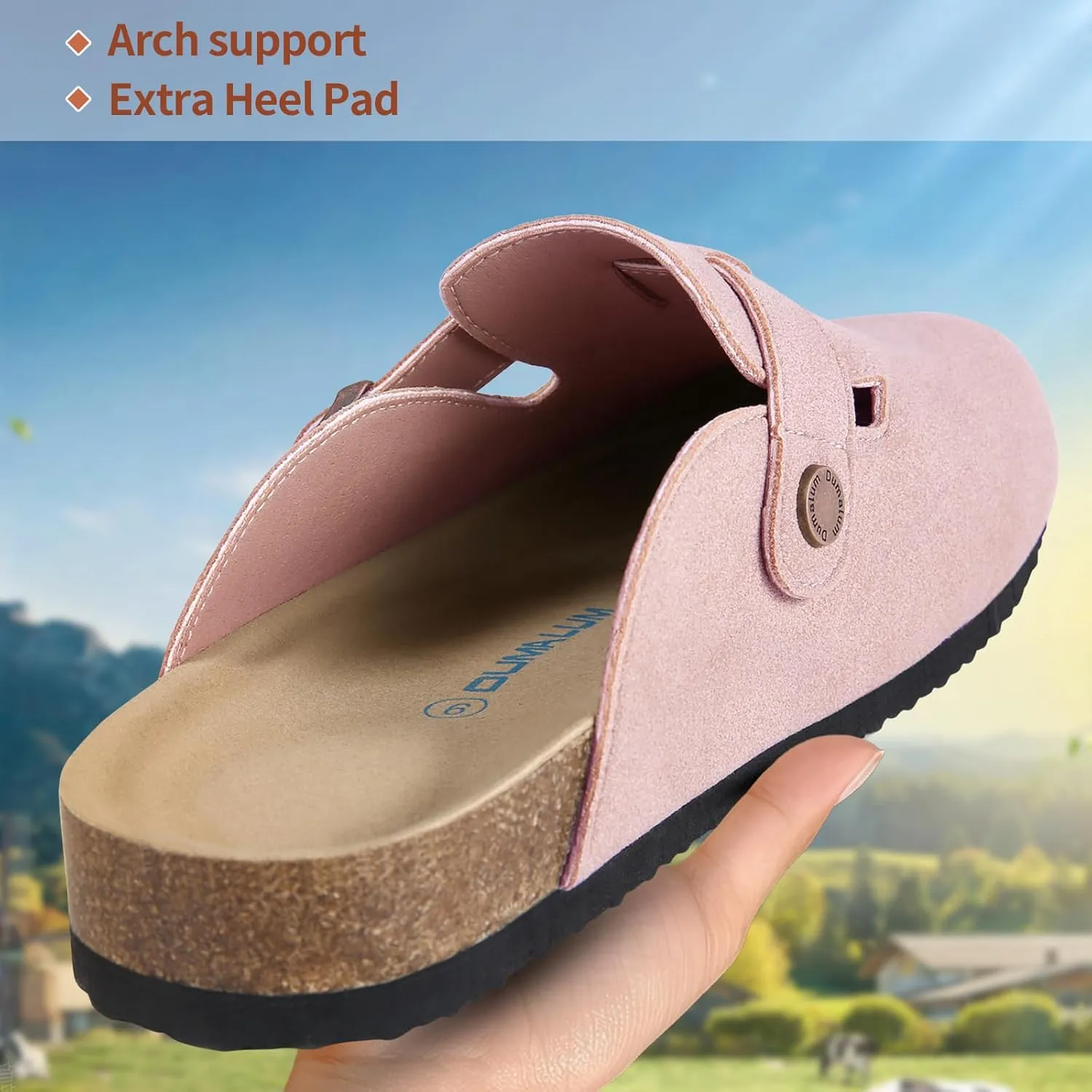 Dumalum Suede Clogs for Women & Men - Comfort Cork Footbed with Arch Support - Adjustable Buckle Mules Slip-On Sandals Unisex Potato Shoes Home Slippers