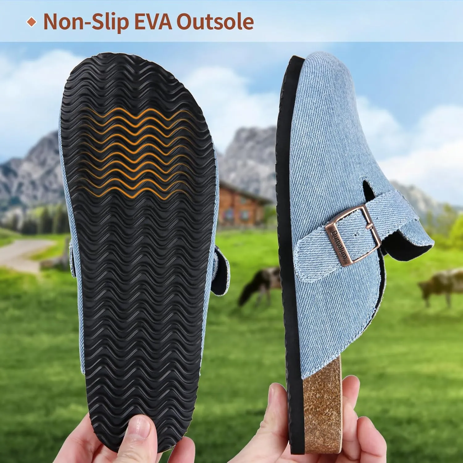 Dumalum Suede Clogs for Women & Men - Comfort Cork Footbed with Arch Support - Adjustable Buckle Mules Slip-On Sandals Unisex Potato Shoes Home Slippers