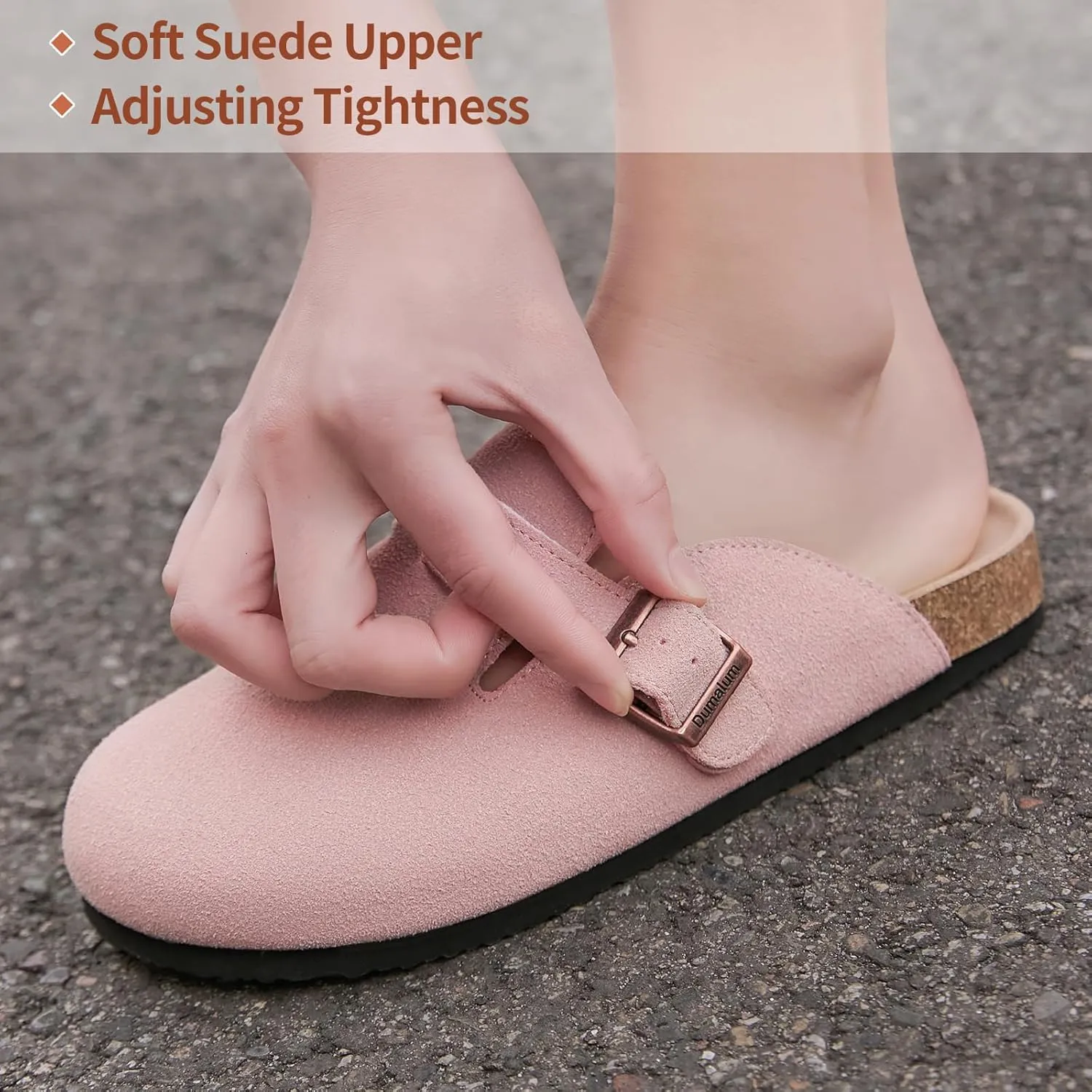 Dumalum Suede Clogs for Women & Men - Comfort Cork Footbed with Arch Support - Adjustable Buckle Mules Slip-On Sandals Unisex Potato Shoes Home Slippers