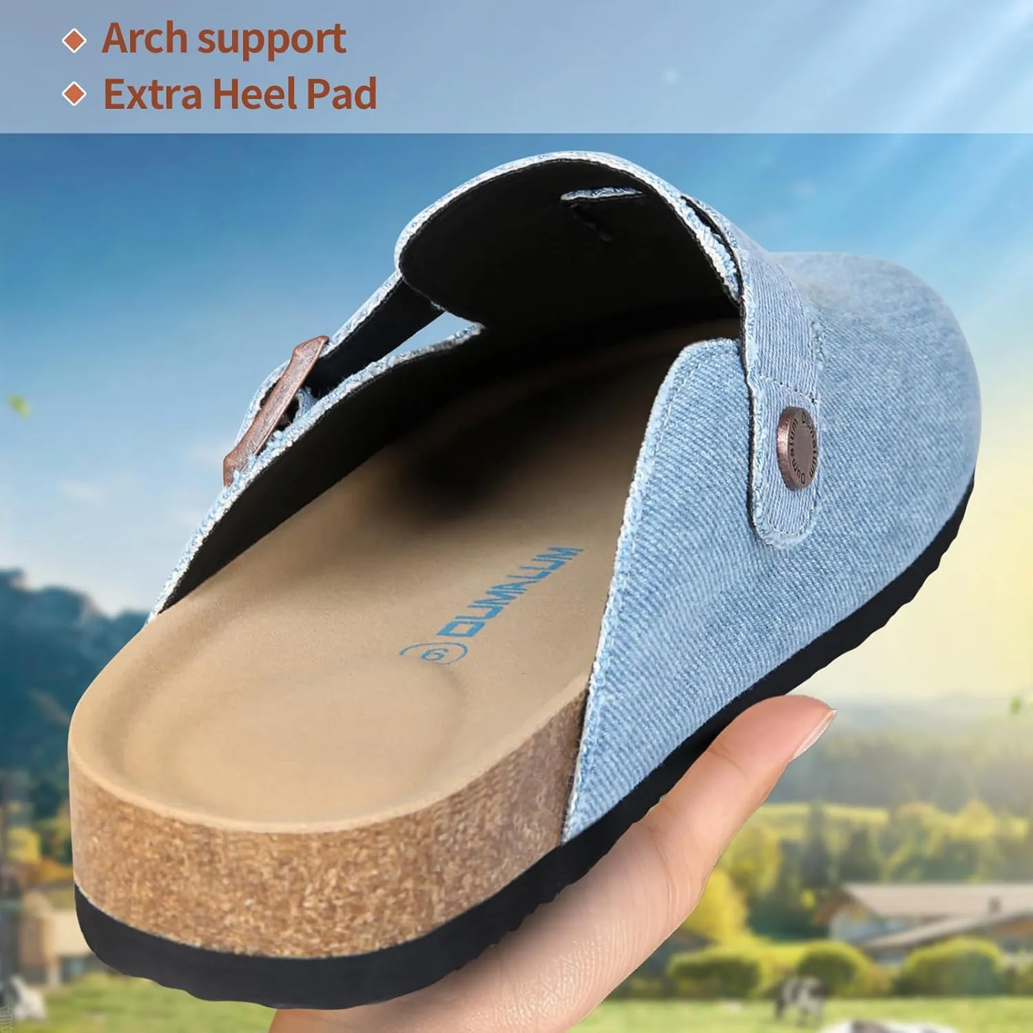 Dumalum Suede Clogs for Women & Men - Comfort Cork Footbed with Arch Support - Adjustable Buckle Mules Slip-On Sandals Unisex Potato Shoes Home Slippers