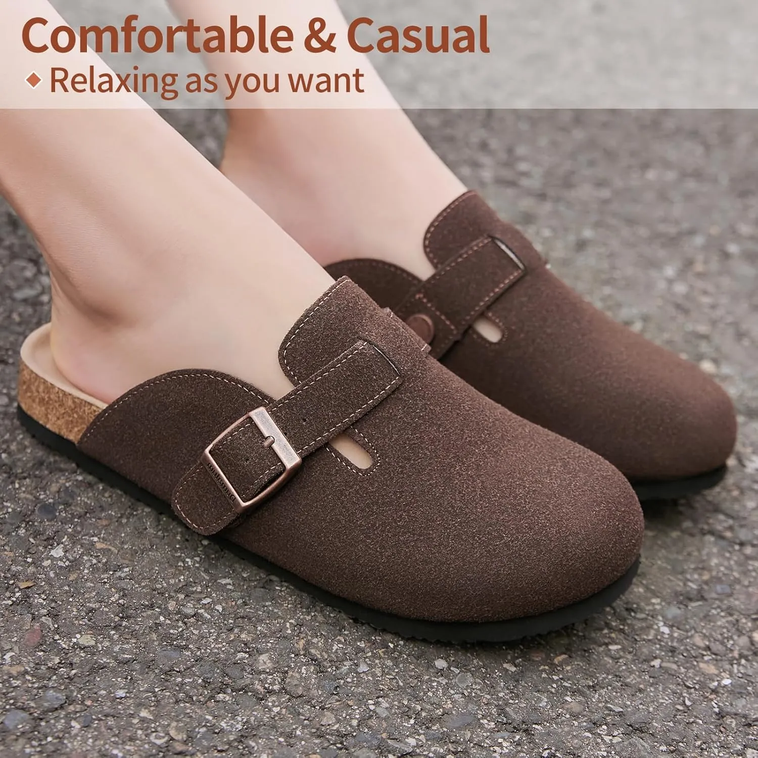 Dumalum Suede Clogs for Women & Men - Comfort Cork Footbed with Arch Support - Adjustable Buckle Mules Slip-On Sandals Unisex Potato Shoes Home Slippers