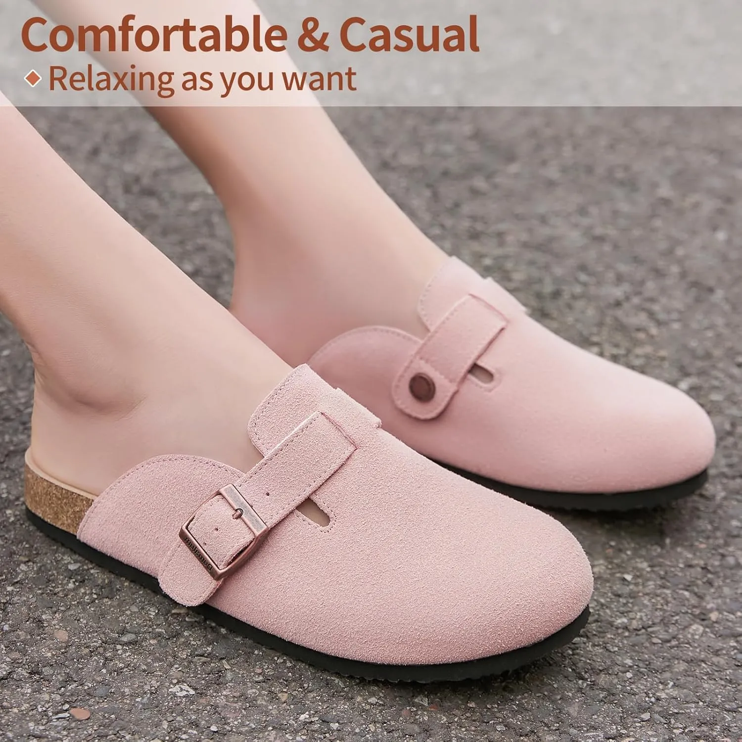 Dumalum Suede Clogs for Women & Men - Comfort Cork Footbed with Arch Support - Adjustable Buckle Mules Slip-On Sandals Unisex Potato Shoes Home Slippers