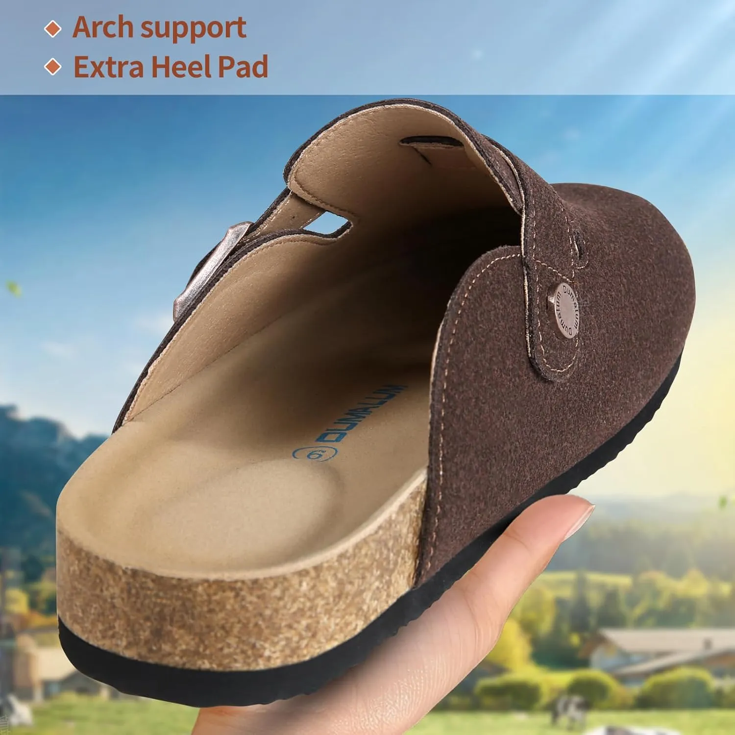 Dumalum Suede Clogs for Women & Men - Comfort Cork Footbed with Arch Support - Adjustable Buckle Mules Slip-On Sandals Unisex Potato Shoes Home Slippers