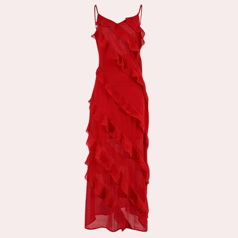 Elegant Sleeveless Red Evening Gown - Asymmetrical Neckline