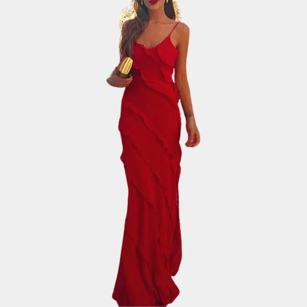 Elegant Sleeveless Red Evening Gown - Asymmetrical Neckline