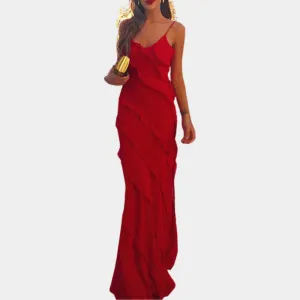 Elegant Sleeveless Red Evening Gown - Asymmetrical Neckline