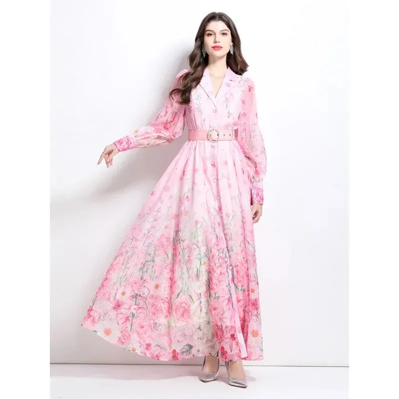 Elegant Watercolor Floral Shirt Dress (Long/Maxi Style)