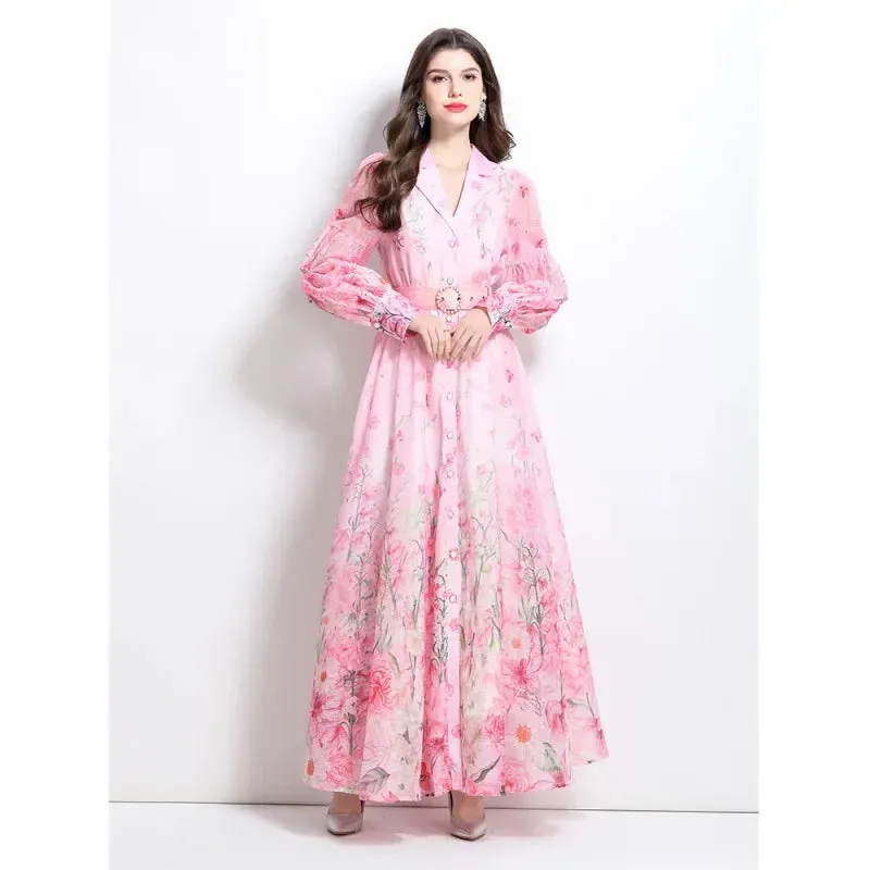Elegant Watercolor Floral Shirt Dress (Long/Maxi Style)