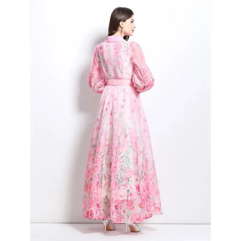 Elegant Watercolor Floral Shirt Dress (Long/Maxi Style)