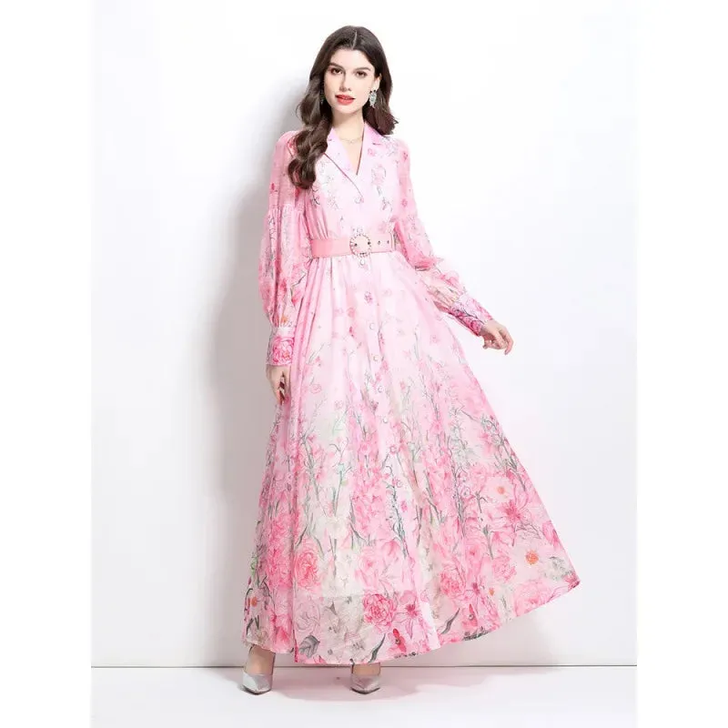Elegant Watercolor Floral Shirt Dress (Long/Maxi Style)