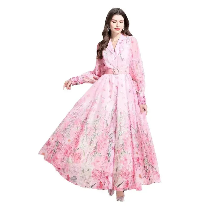 Elegant Watercolor Floral Shirt Dress (Long/Maxi Style)