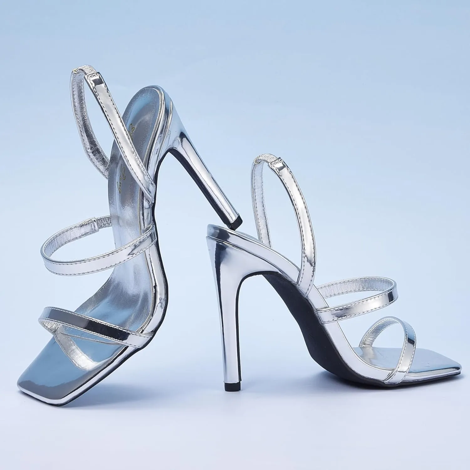 Elisabet Tang 4.3 Inch Open Toe Strappy Square Toe Heels Stiletto for Women