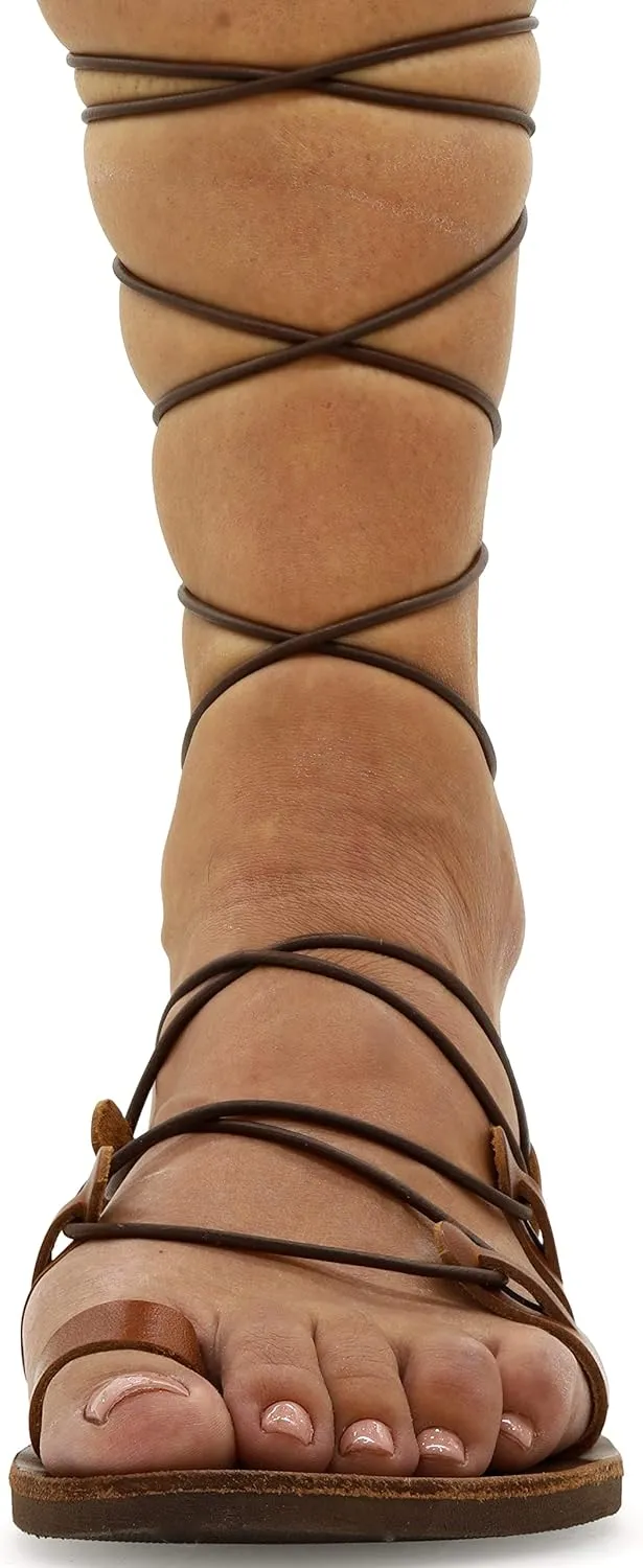Emmanuela Ancient Greek Style Calf High Leather Sandals, Handmade Gladiator Tie up Sandals, Quality Strappy Summer Shoes, Boho Chic Toe Ring Lace up Sandals