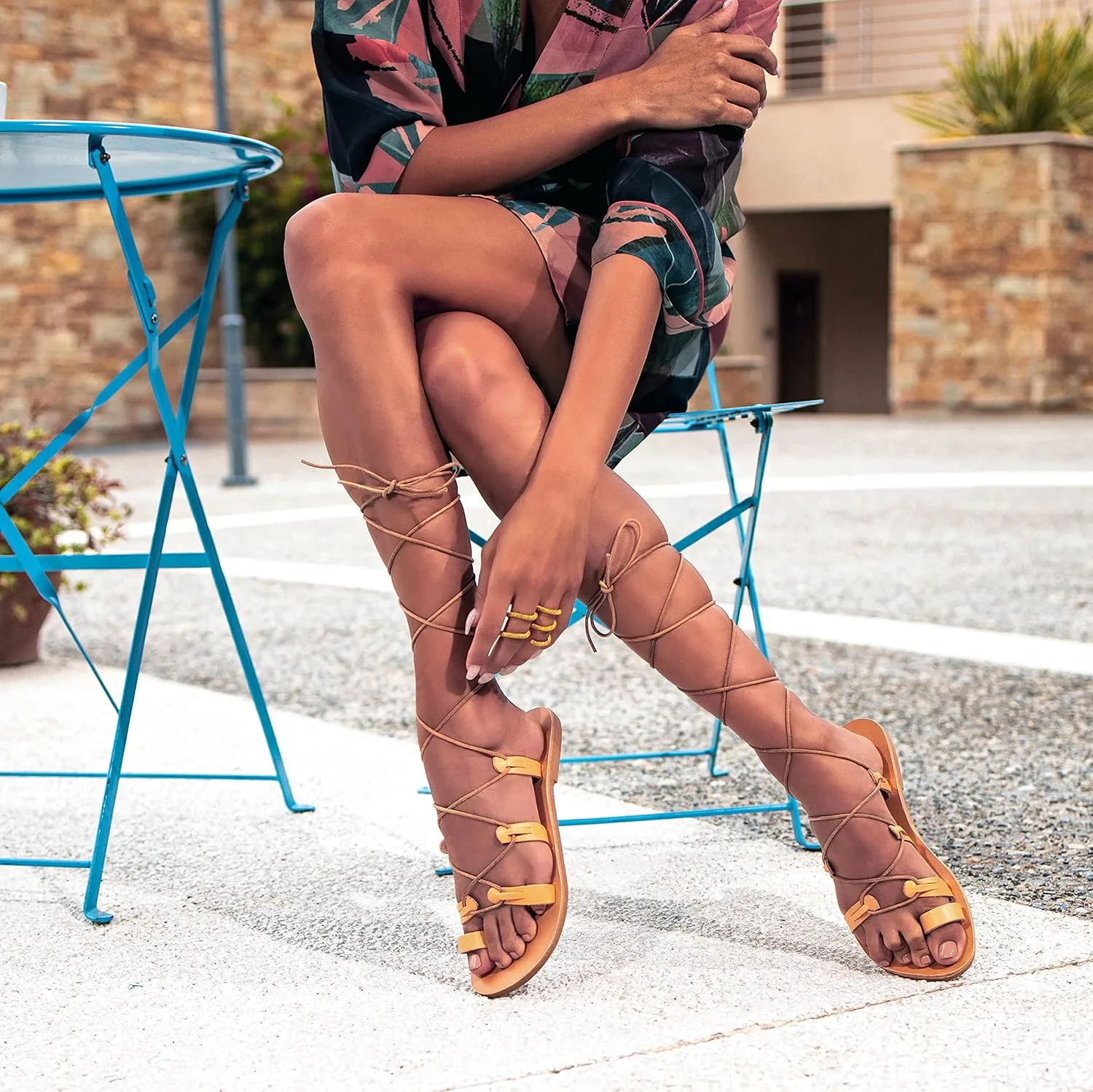 Emmanuela Ancient Greek Style Calf High Leather Sandals, Handmade Gladiator Tie up Sandals, Quality Strappy Summer Shoes, Boho Chic Toe Ring Lace up Sandals