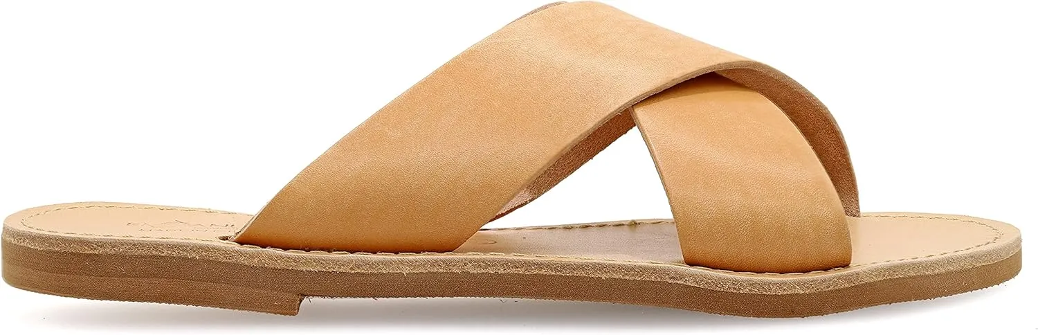 Emmanuela Greek Handmade Leather Flat Sandals, Quality Slide on X Strap Summer Shoes for Women, Open Toe Cross Strappy Sliders, Boho Chic Mules