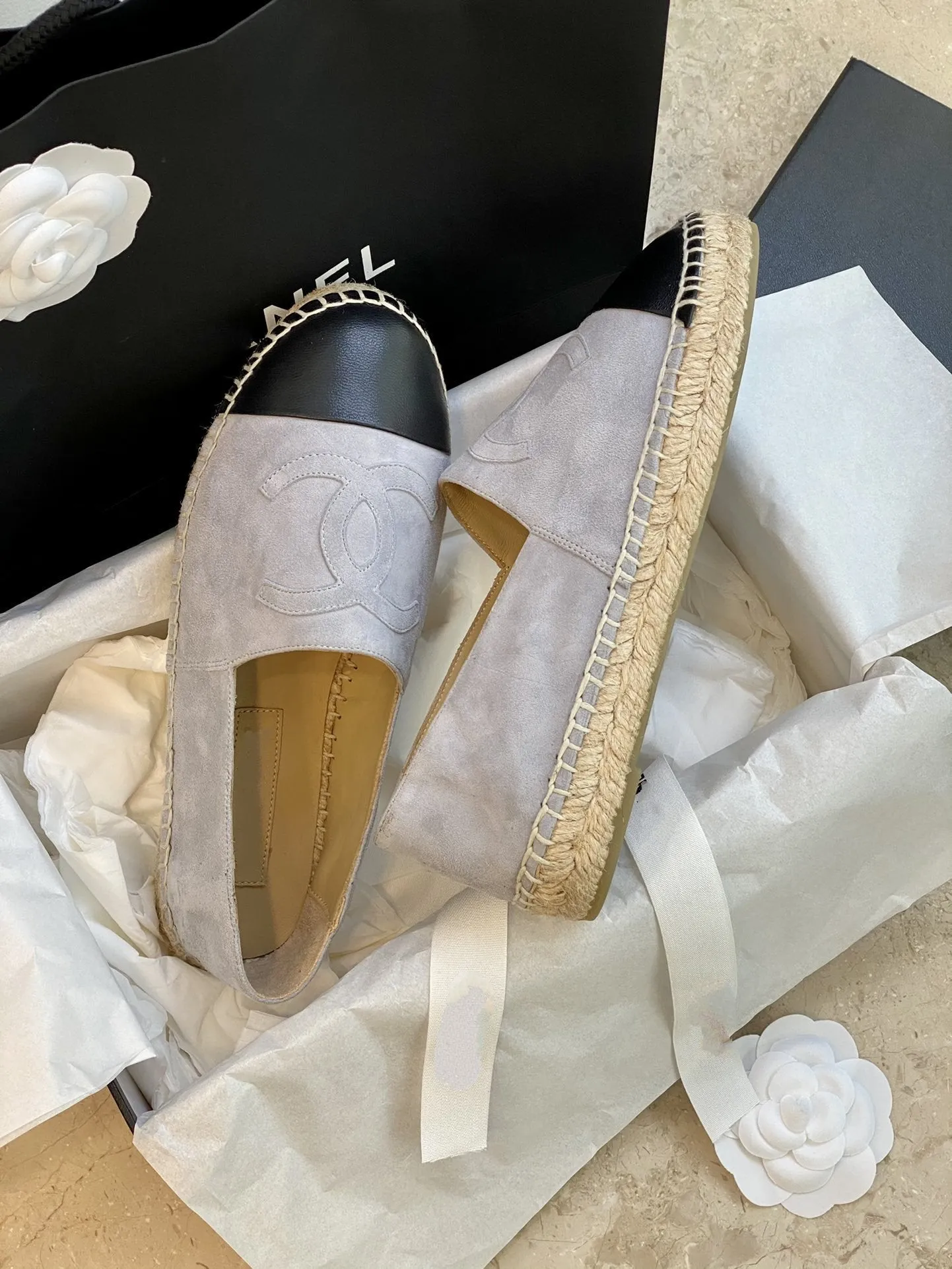 espadrilles grey suede black lambskin